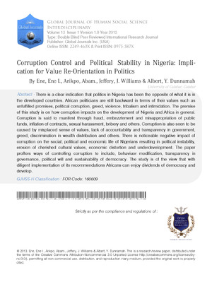 Corruption Control and Political Stability in Nigeria: Implication for Value Re-Orientation in Politics