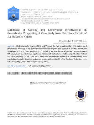 Significant of Geology and Geophysical Investigations in Groundwater Prospecting. A Case Study from Hard Rock Terrain of Southwestern Nigeria