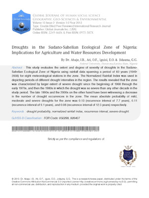 Droughts in the Sudano-Sahelian Ecological Zone of Nigeria: Implications for Agriculture and Water Resources Development