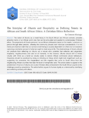The Interplay of Ubuntu and Hospitality as Defining Tenets in African and South African Ethics: A Christian Ethics Reflection