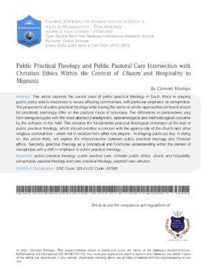 Public Practical Theology and Public Pastoral Care Intersection with Christian Ethics within the Context of Ubuntu and Hospitality to Migrants