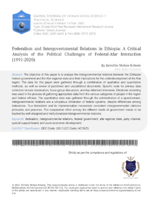 Federalism and Intergovernmental Relations in Ethiopia: A Critical Analysis of the Political Challenges of Afar-Federal Interaction (1991-2020)