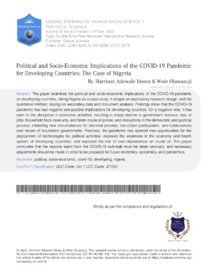Political and Socio-economic Implications of the COVID-19 Pandemic for Developing  Countries: The Case of Nigeria