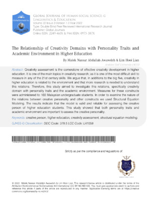 The Relationship of Creativity Domains with Personality Traits and Academic Environment in Higher Education