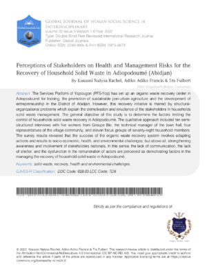 Perceptions of Stakeholders on Health and Management Risks for the Recovery of Household Solid Waste in Adiopodoumé (Abidjan)