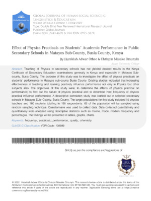 Effect of Physics Practicals on Students' Academic Performance in Public Secondary Schools in Matayos Sub-county, Busia county, Kenya