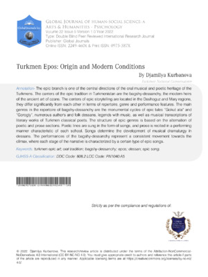 Turkmen Epos: Origin and Modern Conditions