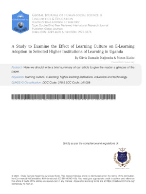 A Study to Examine the Effect of Learning Culture on E-Learning Adoption in Selected Higher Institutions of Learning in Uganda