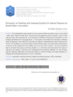 Perception in Teaching and Learning English for Special Purposes in Benin Public Universities