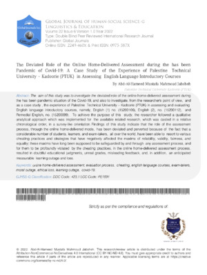 The Deviated Role of the Online Home-Delivered Assessment during the has been Pandemic of Covid-19 : A case Study of the Experience of Palestine Technical University - Kadoorie (PTUK) in Assessing English Language Introductory Courses.