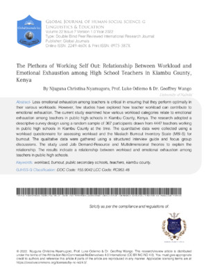 The Plethora of Working Self Out: Relationship between Workload and Emotional Exhaustion among High School Teachers in Kiambu County, Kenya