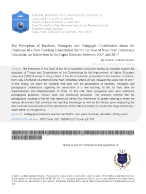 The Perception of Teachers, Managers and Pedagogic Coordinators about the Challenge of a New Teaching Constitution for the 1st Year of Nine-Year Elementary Education: An Immersion in the Capes Database between 2007 and 2017