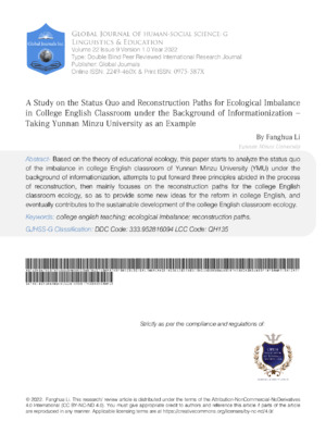 A Study on the Status Quo and Reconstruction Paths for Ecological Imbalance in College English Classroom under the Background of Informationization -Taking Yunnan Minzu University as an Example