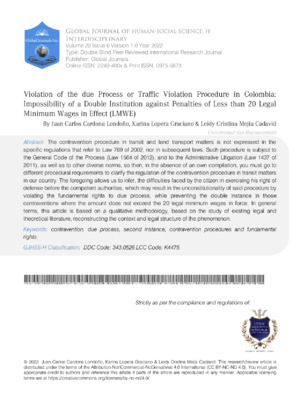 Violation of the Due Process or Traffic Violation Procedure in Colombia: Impossibility of a Doubleinstitution against Penalties of Less than 20 Legal Minimum Wages in Effect (LMWE)