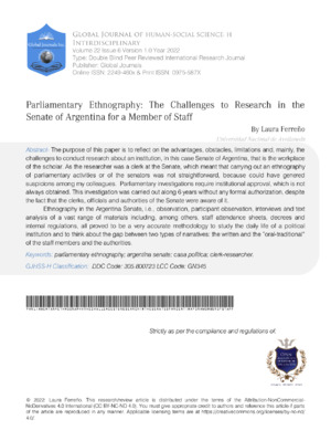 Parliamentary Ethnography: The Challenges to Research in the Senate of Argentina for a Member of Staff