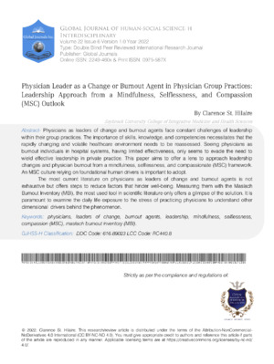 Physician Leader as a Change or Burnout Agent in Physician Group Practices: Leadership Approach from a Mindfulness, Selflessness, and Compassion (MSC) Outlook