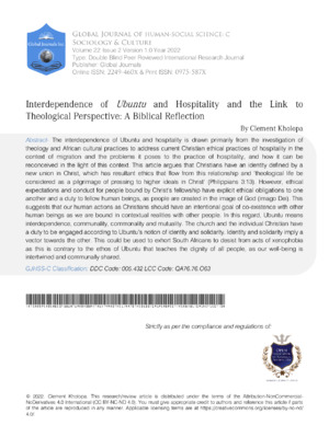 Interdependence of Ubuntu and Hospitality and the Link to Theological Perspective: A Biblical Reflection