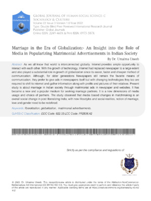Marriage in the Era of Globalization:- An Insight into the Role of Media in Popularizing  Matrimonial Advertisements in Indian Society