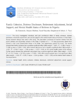 Family Cohesion, Distress Disclosure, Retirement Adjustment, Social Support and Mental Health Status of Retirees in Nigeria