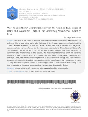 We are like them  Conjunction between the Claimed Past, Sense of Unity and Globalized trade in  the Atacamas/Atacameno Exchange Fairs