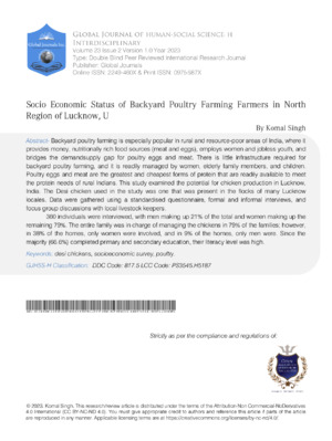 Socio Economic Status of Backyard Poultry Farming Farmers in North Region of Lucknow, U