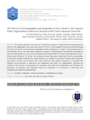 The Process of Accommodation and Integration of New Talents in the Angolan Public Organizations, Politécnico Institute of The Cuito Cuanavale University