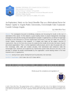 An Exploratory Study on the Social Benefits Plan as a Motivational Factor for Human Capital in Angola Public Universities, Universidade Cuito Cuanavale-Cuando Cubango-Angola