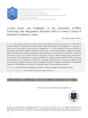 Current Issues and Challenges in the Acquisition of Office Technology and Management Education Skills In Federal College of Education (Technical), Asaba
