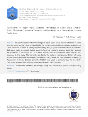 Assessment of Upper Basic Students' Knowledge in Some Social Studies' Basic Education Curriculum Contents in ondo West Local Government Area of Ondo State