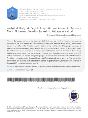 Analytical Study of English Linguistic Interference in Jordanian Media: Mohammad Daoudia's Journalistic Writings as a Model