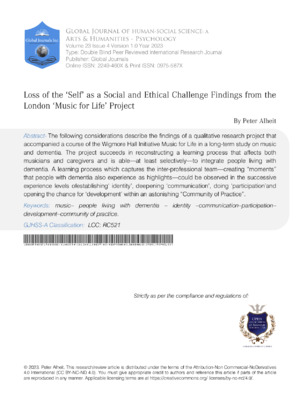Loss of the 'Self' as a Social and Ethical Challenge. Findings from the London 'Music for Life' Project
