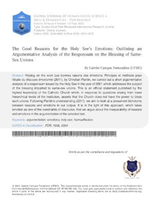 The Good Reasons for the Holy See Emotions: Outlining an Argumentative Analysis of the Responsum on the Blessing of Same-Sex Unions