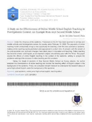A Study on the Effectiveness of Online Middle School English Teaching in Post-Epidemic Context: An Example from Anyi Second Middle School