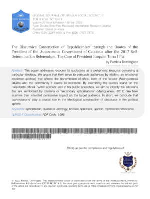 The Discursive Construction of Republicanism Through the Quotes of the President of the Autonomous  Government of Catalonia after the 2017 Self-Determination Referendum.  The Case of President Joaquim Torra i Pla.
