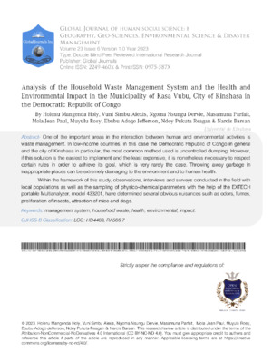 Analysis of the Household Waste Management System and the Health and Environmental Impact in the Municipality of Kasa Vubu, City of Kinshasa in the Democratic Republic of Congo