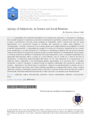 Apology of Subjectivity, in Science and Social Relations