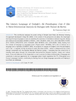 The Literary Language of Ondjaki's Há Prendisajens Com o xão: A Three-Dimensional Analysis in Dialogue with Manoel de Barros