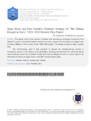 Stage Music and Paul Claudel's Dramatic Strategy for 'The Tidings Brought To Mary'. 1929-1932 Mystery Play Project