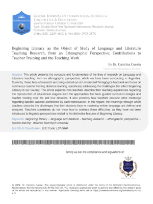 Beginning Literacy as the Object of Study in Language and Literature Teaching: An Ethnographic Perspective and Contributions to Teacher Training
