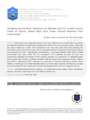 Navigating Jurisdictional Turbulence on Maritime and Civil Aviation Labour Claims in Nigeria: Federal High Court Versus National Industrial Court Controversies