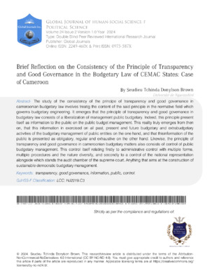 Brief reflection on the consistency of the principle of transparency and good governance in the budgetary law of CEMAC States : case of Cameroon