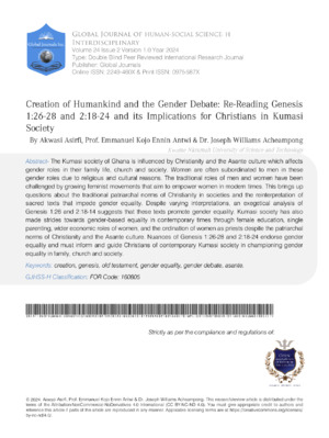 Creation of Humankind and the Gender Debate: Re-reading Genesis 1:26-28 and 2:18-24 and its Implications for Christians in Kumasi society