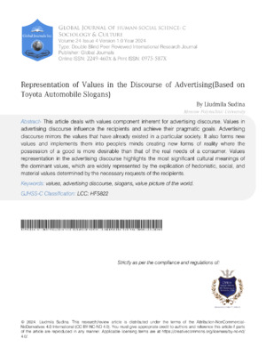 Representation of Values in the Discourse of Advertising  (Based on Toyota Automobile Slogans)