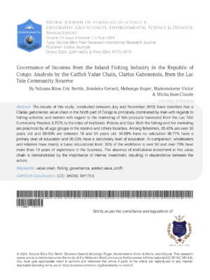 Governance of Incomes from the Inland Fishing Industry in the Republic of Congo: Analysis by the Catfish Value Chain, Clarias Gabonensis, from the Lac Télé Community Reserve