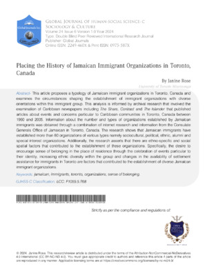 Placing the History of Jamaican Immigrant Organizations in Toronto, Canada