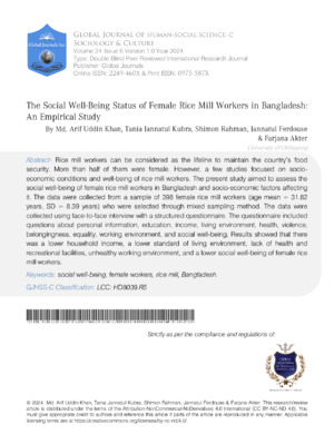 The Social Well-Being Status of Female Rice Mill Workers in Bangladesh: An Empirical Study