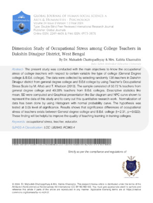 Dimension Study of Occupational Stress Among College Teachers in Dakshin Dinajpur District, West Bengal