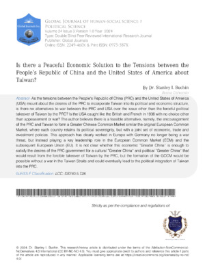 Is there a Peaceful Economic Solution to the Tensions between the People's Republic of China and the United States of America about Taiwan?