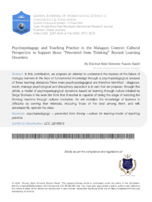 Psychopedagogy and Teaching Practice in the Malagasy Context: Cultural Perspective to Support those "Prevented from Thinking" Beyond Learning Disorders