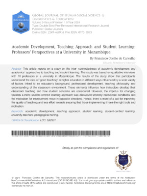 Academic Development, Teaching Approach, and Student Learning: Professors' Perspectives at a University in Mozambique